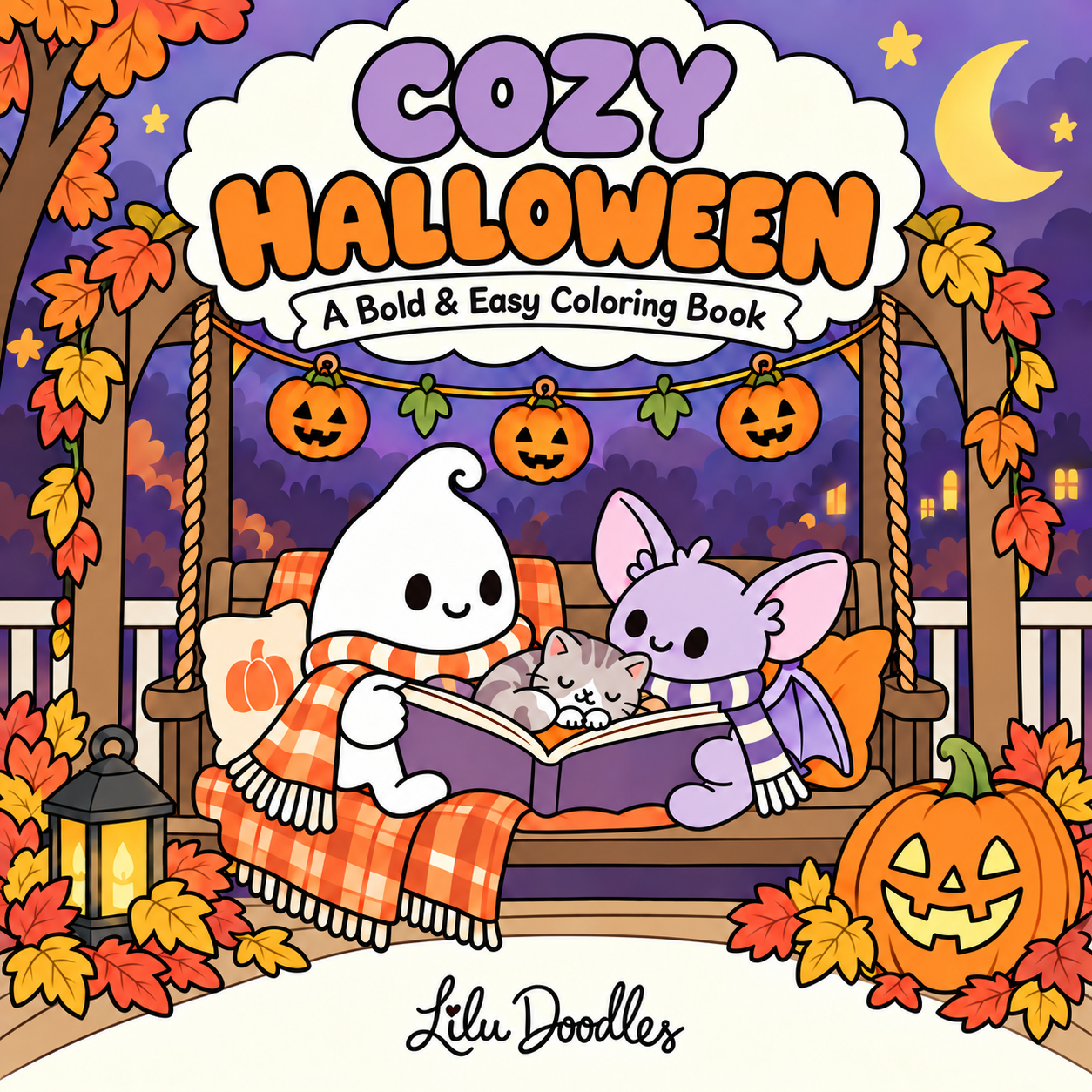 Cozy Halloween coloring book cover with a friendly ghost, bat and sleepy cat